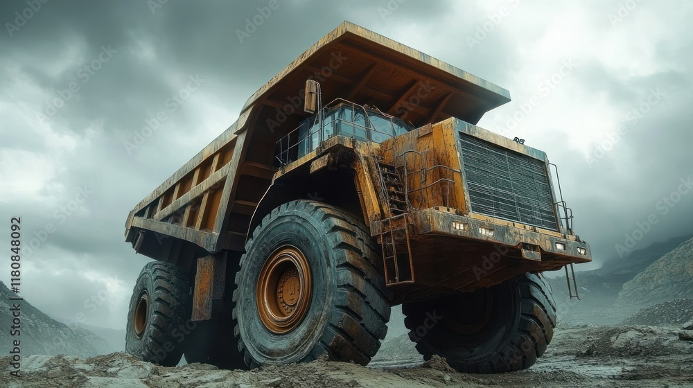 Obraz premium Mining truck, quarry, storm clouds, heavy industry, transportation