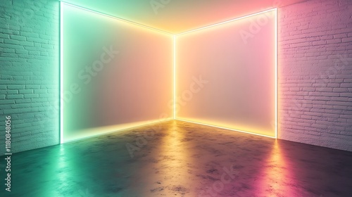 Neon Lights Illuminate Corner Room With Brick Walls