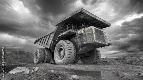 Mining truck, haul road, quarry, storm clouds, industry photo