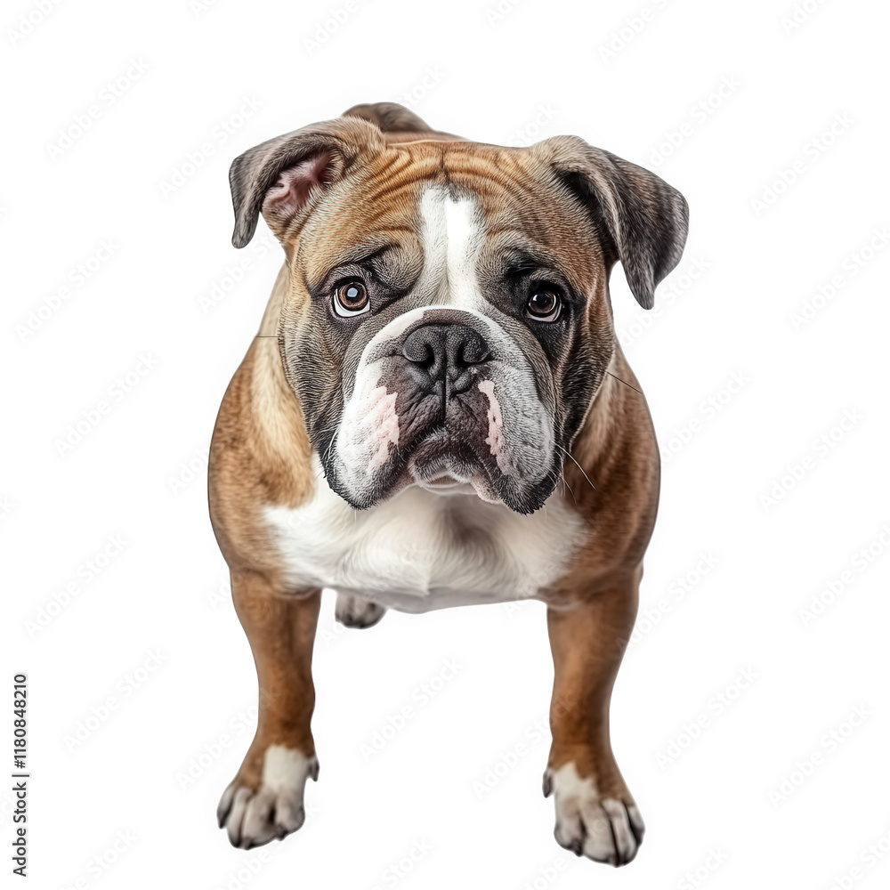a bulldog standing against a white background. showcasing its distinctive features. including a wrinkled face and muscular build the dog appears alert and friendly. making it an appealing subject for a bulldog standing against a white background. showcasing its distinctive features. including a wrinkled face and muscular build the dog appears alert and friendly. making it an appealing subject for