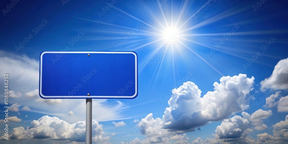 A blue road sign with a sun shining in the background A blue road sign with a sun shining in the background