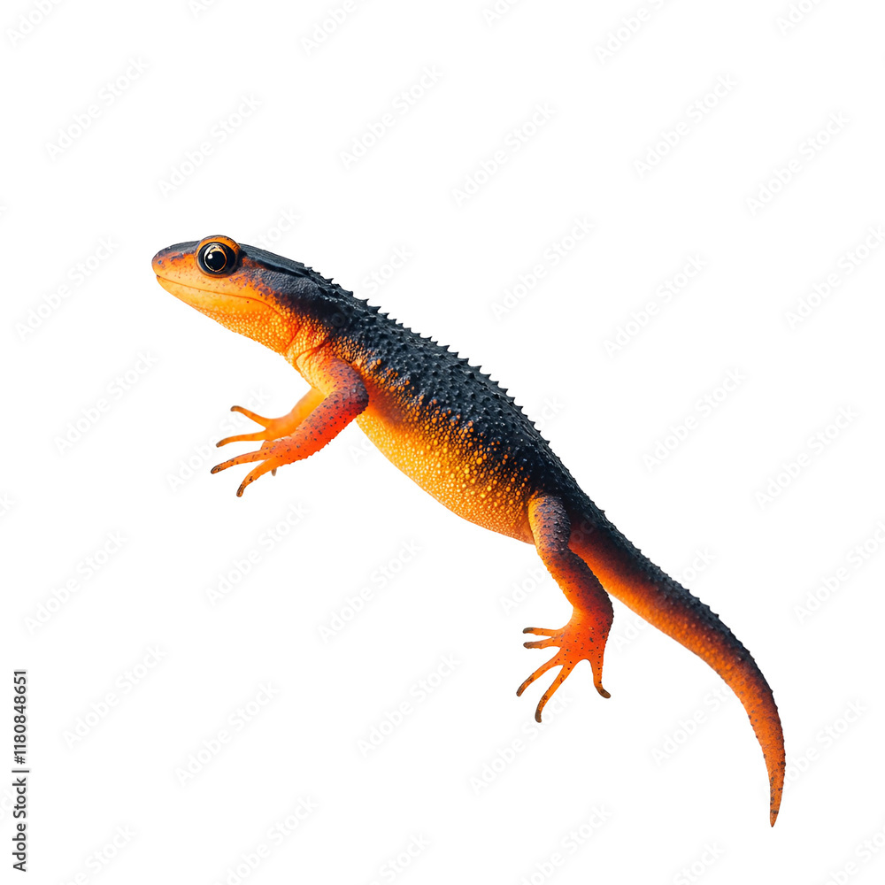 Naklejka premium Orange and Black Salamander: A close-up of a vibrant orange and black salamander, perched on a white background, showcasing its unique markings and delicate features. 