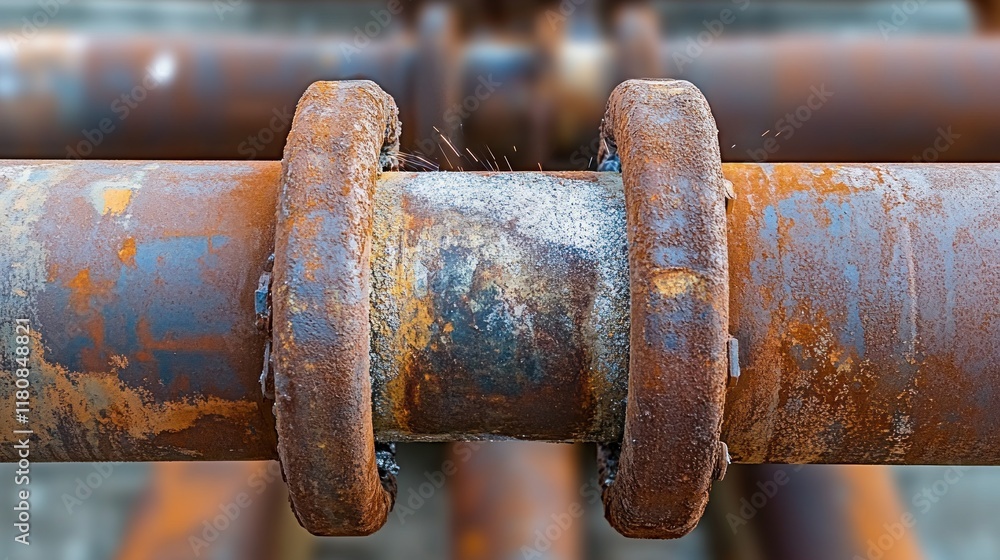 Close-up of rusty industrial pipes showcasing wear and corrosion. Close-up of rusty industrial pipes showcasing wear and corrosion.