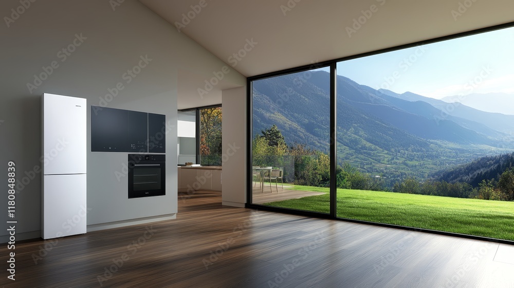 Fototapeta premium Modern interior with a view of mountains and greenery through large windows.