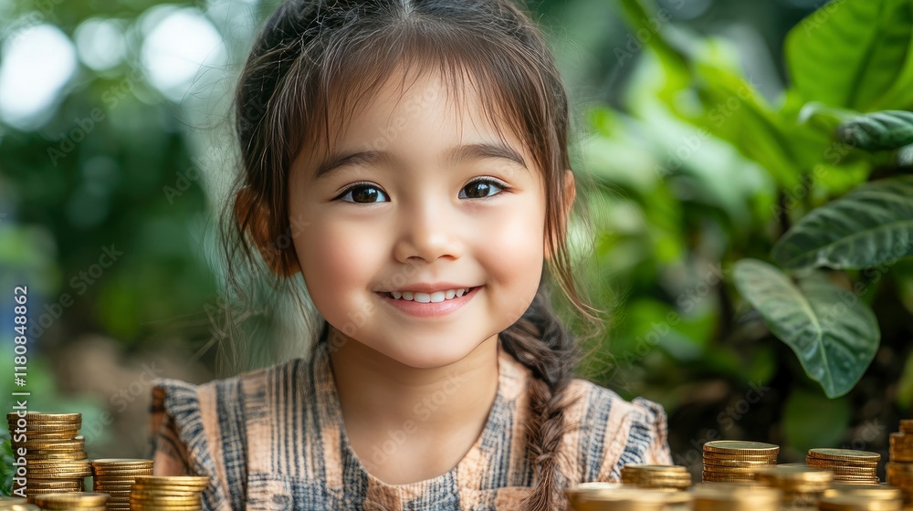 Fototapeta premium Happy Little Girl with Stacks of Gold Coins in a Lush Green Garden