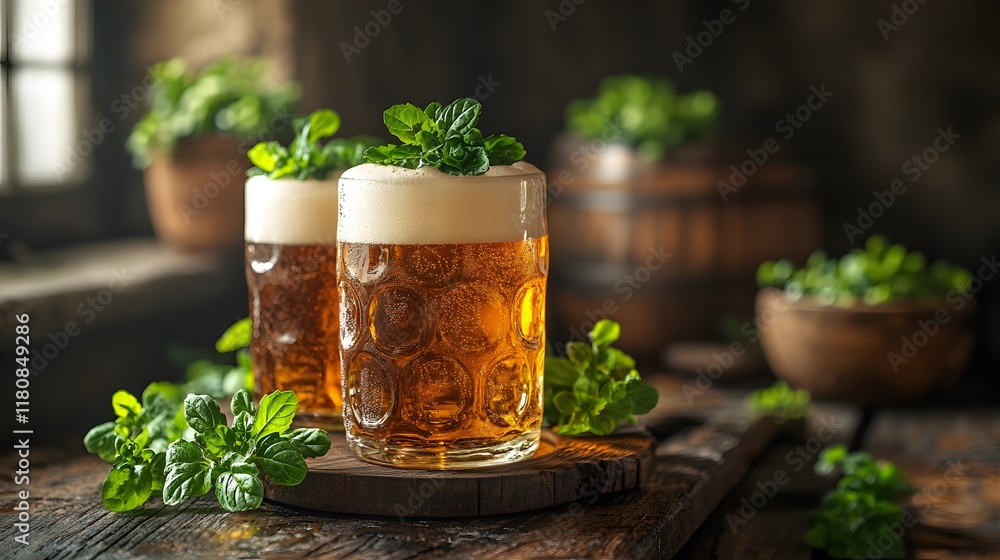 Traditional Irish beer mugs on a rustic wooden table with foam overflowing Traditional Irish beer mugs on a rustic wooden table with foam overflowing