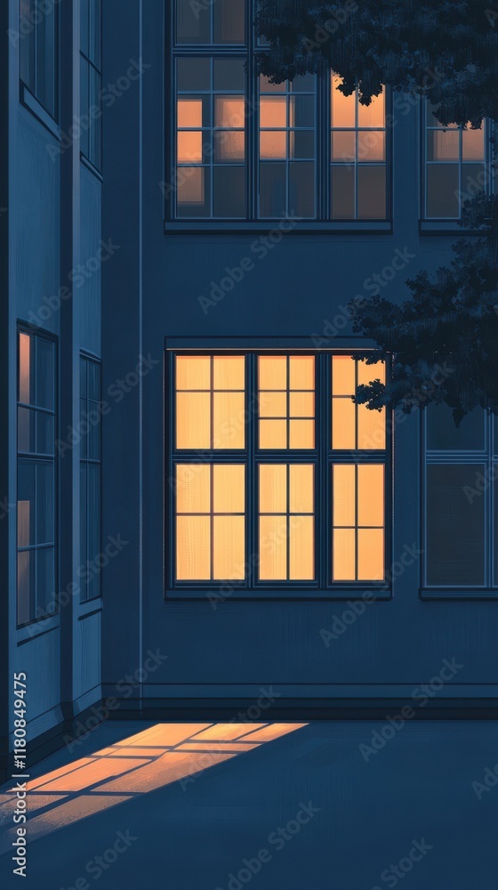 Obraz premium Illuminated Windows of a Dark Building at Dusk