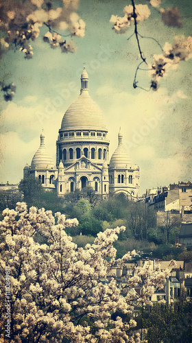 Vintage Style Photo of the Sacr?-C?ur Basilica in Paris, Spring Blossoms photo