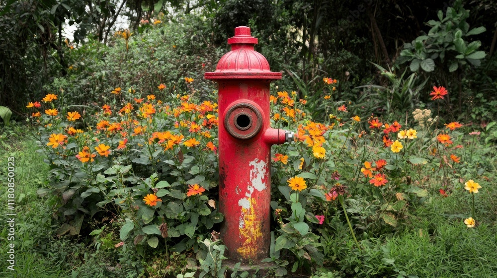 A red fire hydrant surrounded by vibrant flowers in a lush green setting. A red fire hydrant surrounded by vibrant flowers in a lush green setting.