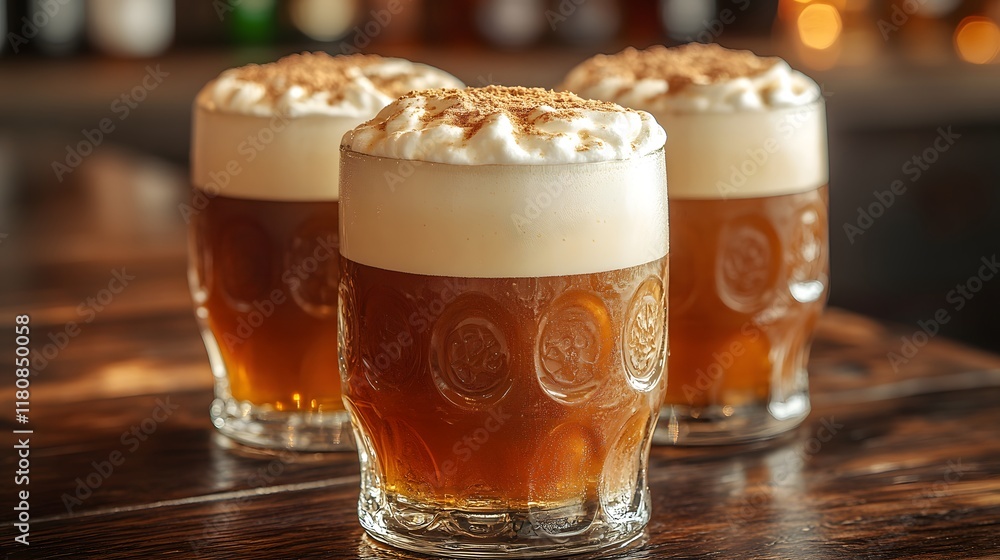 Close-up of frothy beer in traditional Irish mugs with vintage design, on a dark wooden bar top Close-up of frothy beer in traditional Irish mugs with vintage design, on a dark wooden bar top