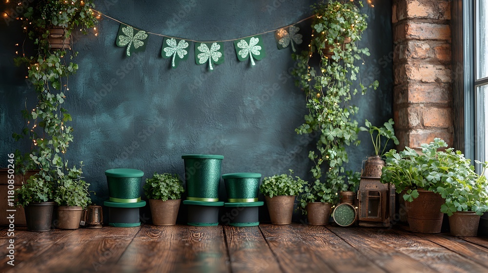Obraz premium Colorful St Patricks Day decorations with green top hats, glittery shamrocks, and a festive banner hanging across a wall