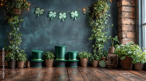 Colorful St Patricks Day decorations with green top hats, glittery shamrocks, and a festive banner hanging across a wall photo