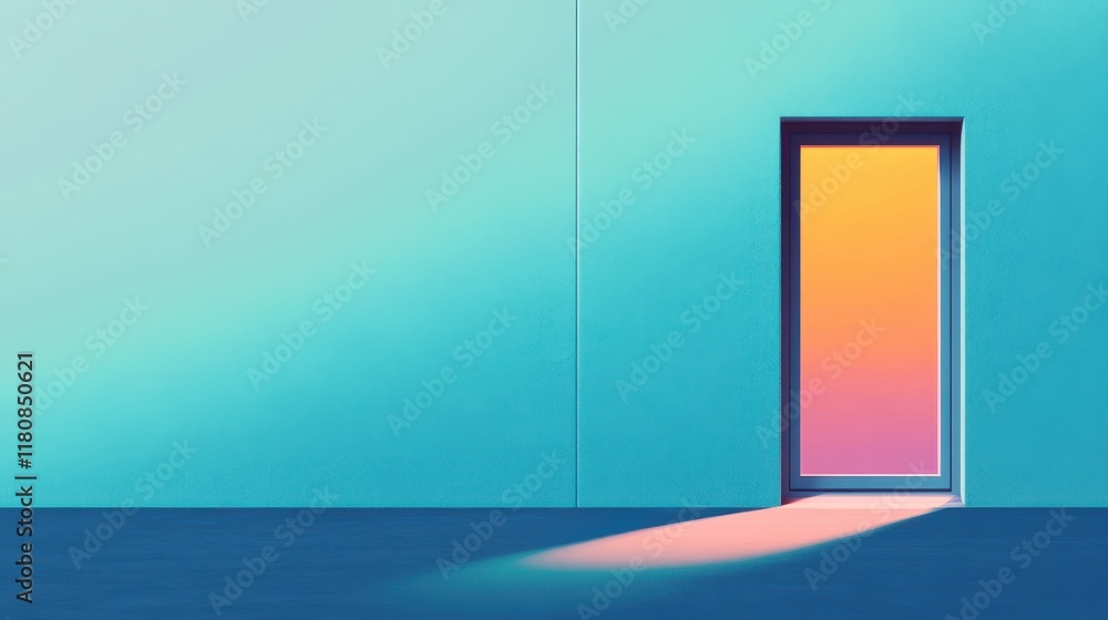 A Teal Wall with a Doorway Showing a Sunset A Teal Wall with a Doorway Showing a Sunset