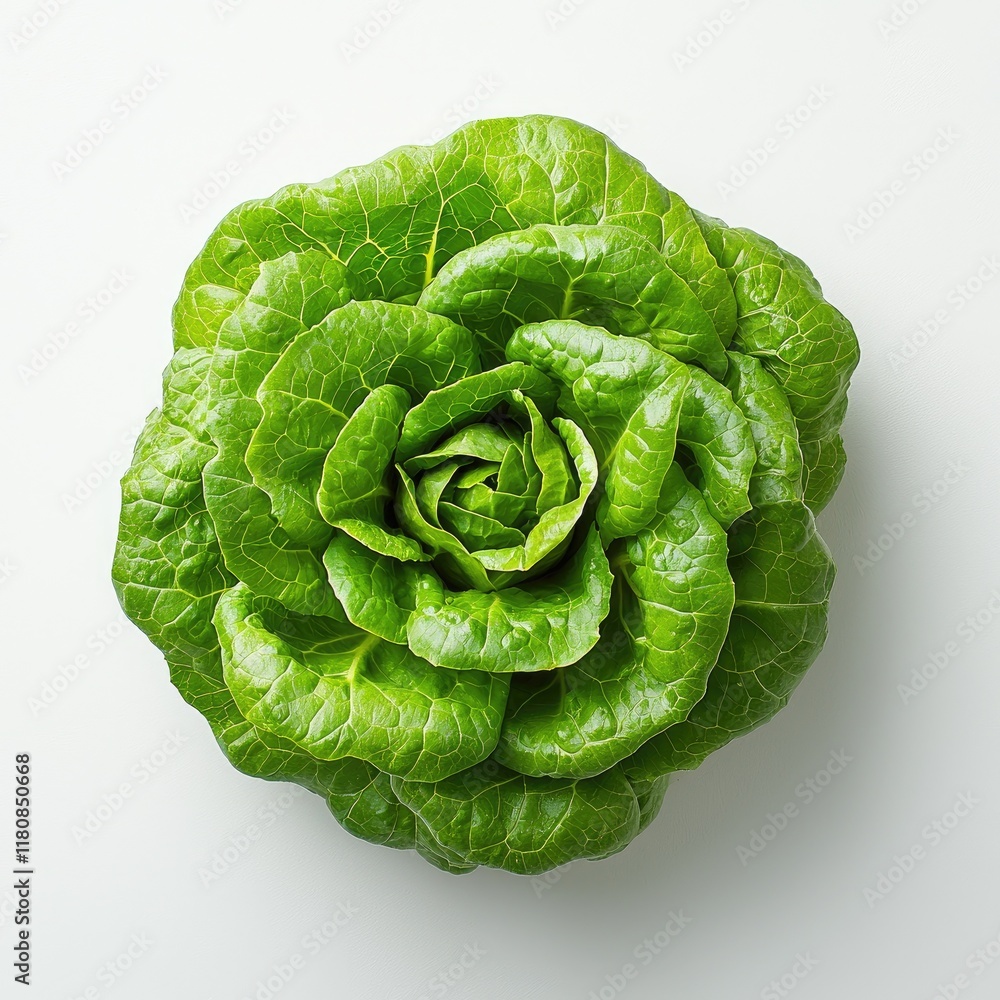 Fototapeta premium Close-up of a vibrant green lettuce, forming a beautiful rosette. Fresh, healthy, and perfect for salads or as a culinary ingredient.