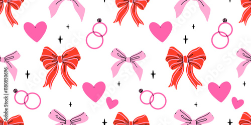 Valentines day elements vector seamless pattern. Gifts, envelope, heart, dessert, messages, candies, locks and other traditional decorations. Cartoon doodle style.