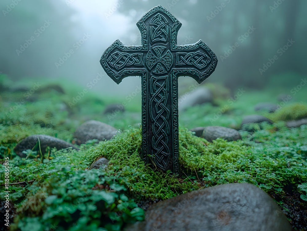 Intricately Carved Celtic Cross Shrouded in Moss and Mist in Ancient Forest Landscape Intricately Carved Celtic Cross Shrouded in Moss and Mist in Ancient Forest Landscape