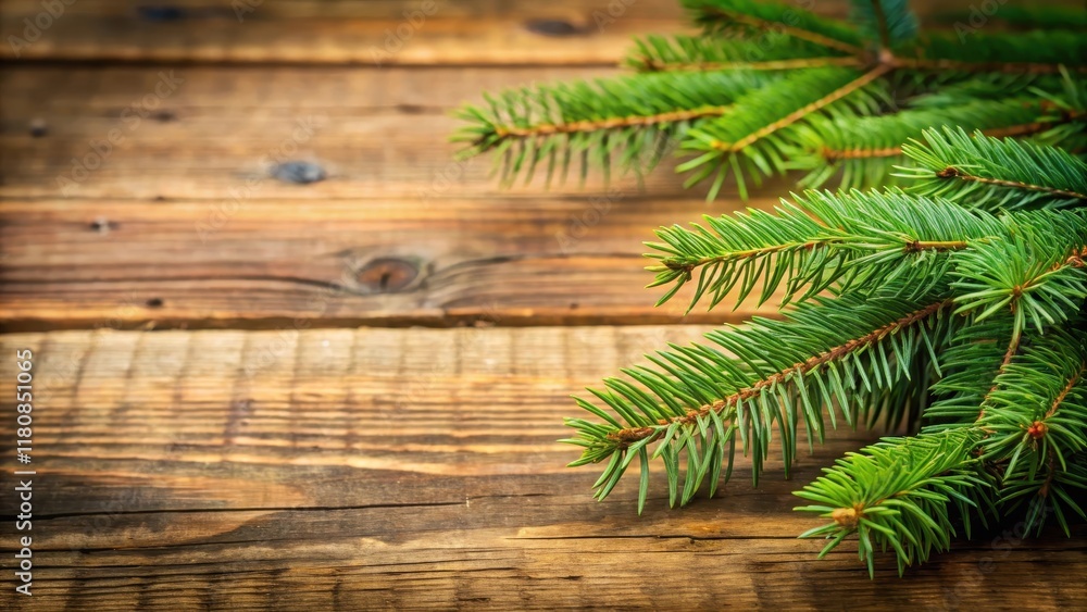 Spruce branch on a wooden background, wooden table, outdoor photography Spruce branch on a wooden background, wooden table, outdoor photography