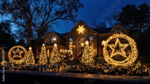 Ornate Christmas display, illuminated house,  evening, festive landscaping
