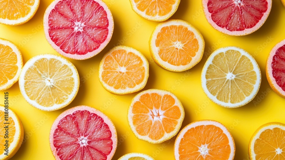 Obraz premium Vibrant Citrus Fruit Slices on Yellow Background