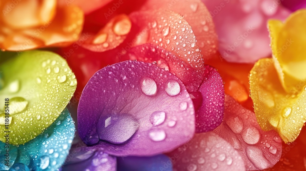 Vibrant Rainbow Petals with Dew Drops: A Close-Up Macro Photography of Colorful Flower Petals Vibrant Rainbow Petals with Dew Drops: A Close-Up Macro Photography of Colorful Flower Petals