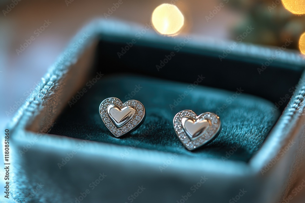 Heart-shaped diamond earrings sparkling in a turquoise jewelry box Heart-shaped diamond earrings sparkling in a turquoise jewelry box