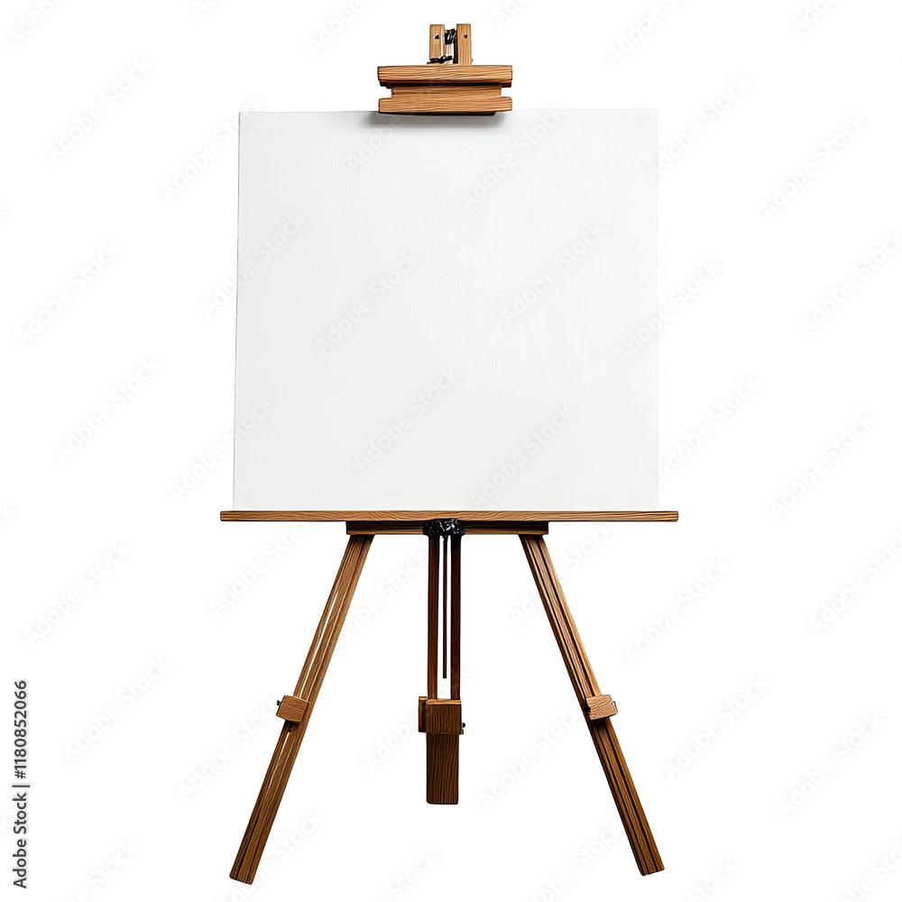 © Mimercy - Wooden easel with blank canvas on a white isolated background.