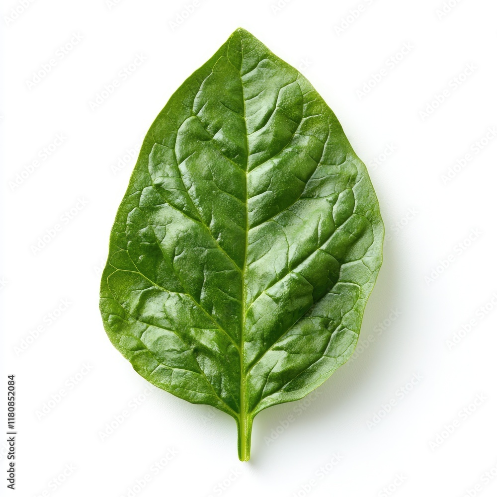 Obraz premium Close-up of a vibrant green spinach leaf, showcasing its intricate texture and natural beauty. Perfect for healthy eating, culinary use, and botanical studies.