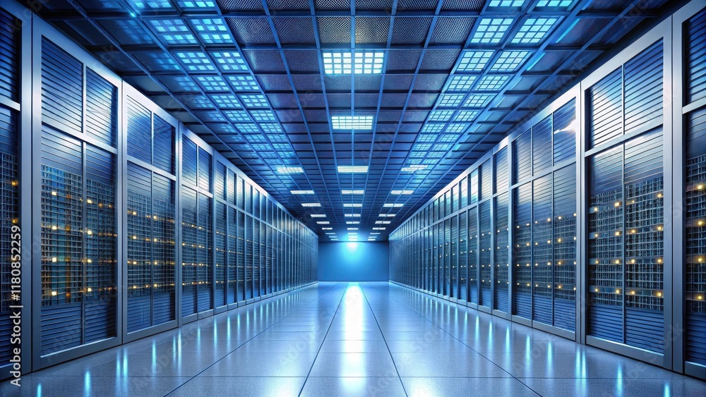 Secure data center with servers and firewalls surrounded by a high wall Secure data center with servers and firewalls surrounded by a high wall