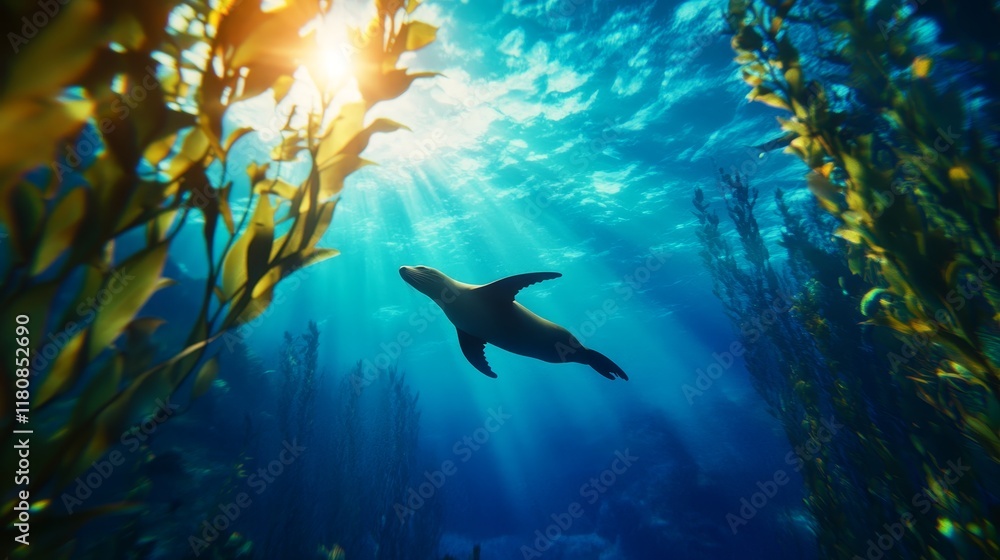 Obraz premium A serene underwater scene featuring a sea lion swimming through kelp in sunlit waters.