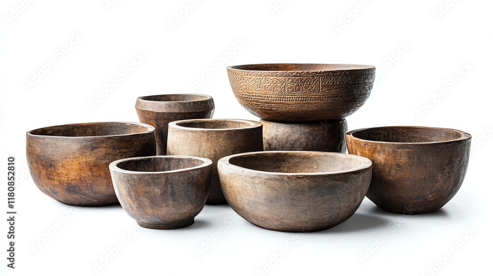 Set of rustic wooden bowls on a white isolated background. Set of rustic wooden bowls on a white isolated background.