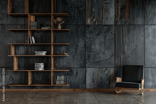 Premium Quality Picture of Black Minimalist Office Bookshelf with Wood and Concrete Walls