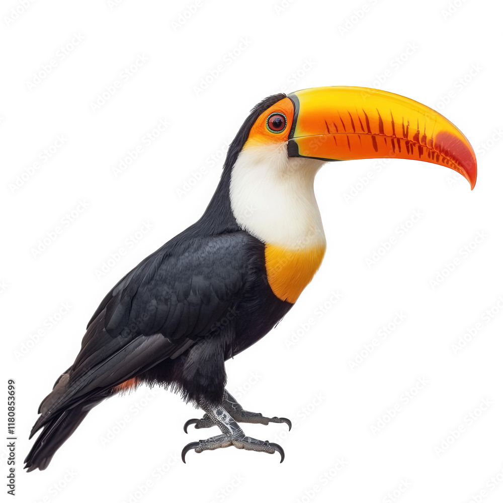 vibrant toucan with a large. colorful beak and a striking black and orange plumage. showcasing its unique features against a plain white background the purpose is likely to highlight the beauty of wil vibrant toucan with a large. colorful beak and a striking black and orange plumage. showcasing its unique features against a plain white background the purpose is likely to highlight the beauty of wil