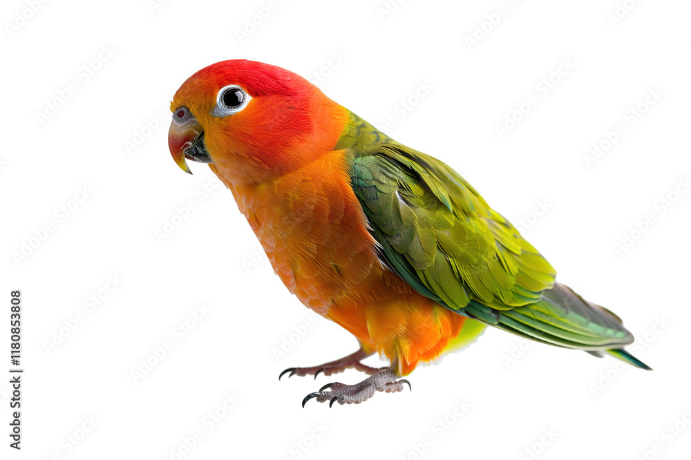 A colorful lovebird perched on a white background. Its vibrant feathers are a mix of orange, yellow, and green, with a bright red head. Bird. Wildlife Animals. A colorful lovebird perched on a white background. Its vibrant feathers are a mix of orange, yellow, and green, with a bright red head. Bird. Wildlife Animals.