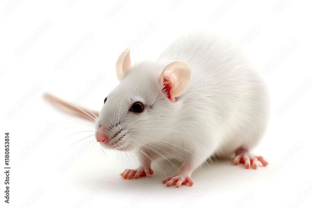 A close-up of an albino lab rat with pink eyes and ears, sitting alertly on a white background. Its white fur is clean and well-groomed. A close-up of an albino lab rat with pink eyes and ears, sitting alertly on a white background. Its white fur is clean and well-groomed.