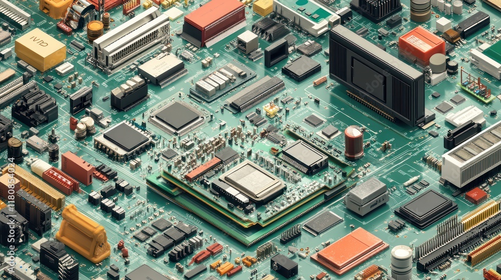 Isometric Circuit Board Components, Tech Background, 3D Render, Design Isometric Circuit Board Components, Tech Background, 3D Render, Design