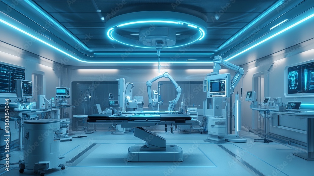 Obraz premium Sterile futuristic medical repair bay for autonomous robotic surgical machines