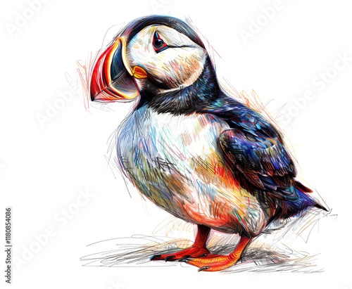 A colorful, stylized drawing of a puffin, captured with playful, energetic lines. Perfect for projects that evoke joy, whimsy, and coastal charm. Animlas Art. photo