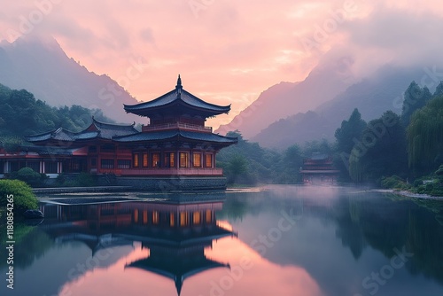 Wallpaper Mural Traditional chinese pagoda reflecting on calm lake at sunset Torontodigital.ca