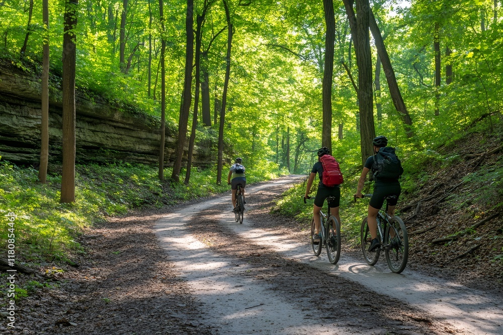 Obraz premium Cyclists riding mountain bikes on trail in lush green forest