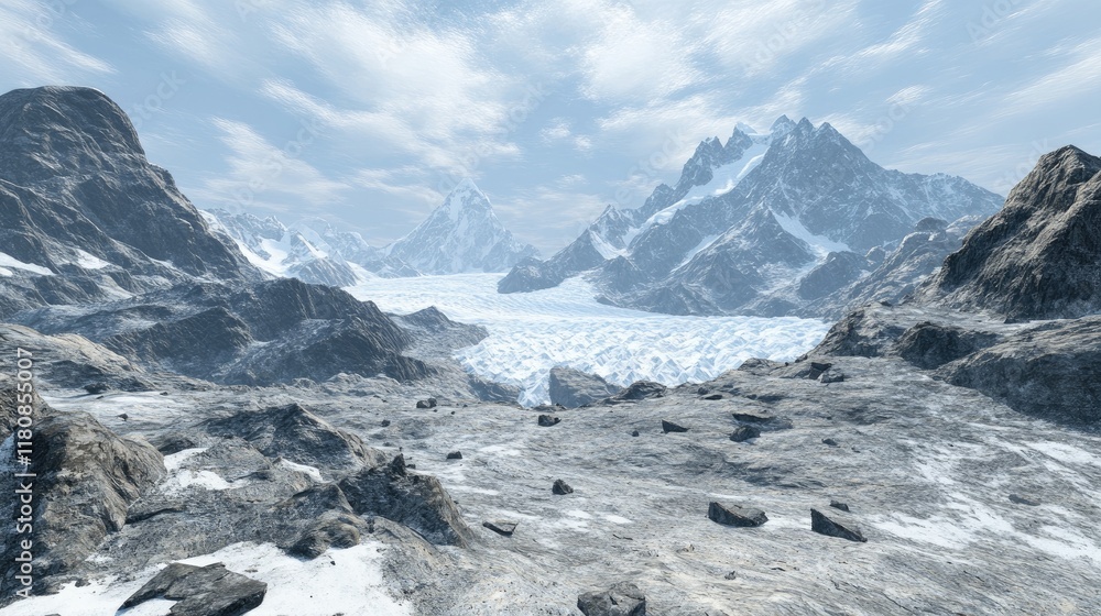 A vast, icy landscape featuring towering mountains and a glacier under a cloudy sky. A vast, icy landscape featuring towering mountains and a glacier under a cloudy sky.