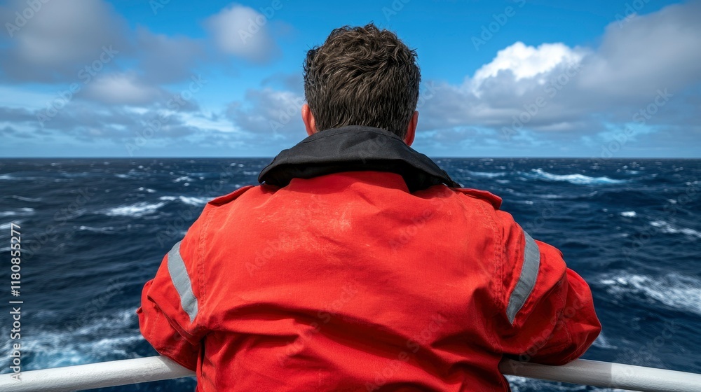 Fototapeta premium Contemplative Sailor on a Rough Sea, Back View