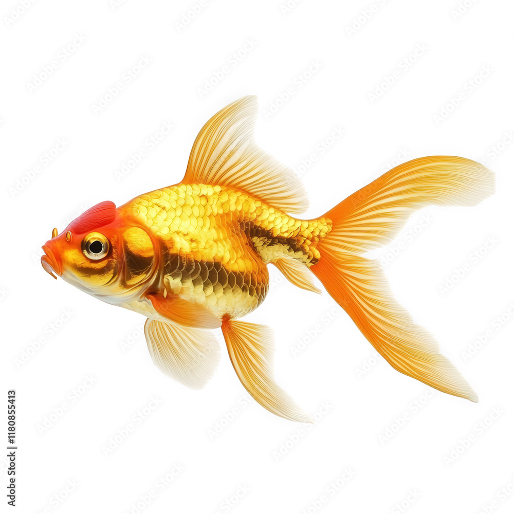 vibrant. golden goldfish swimming gracefully against a clean. white background its flowing fins and distinctive red crown highlight its beauty. making it an appealing representation of aquatic life th vibrant. golden goldfish swimming gracefully against a clean. white background its flowing fins and distinctive red crown highlight its beauty. making it an appealing representation of aquatic life th