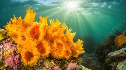 Underwater sun rays illuminate vibrant yellow sea squirts on ocean rock. photo