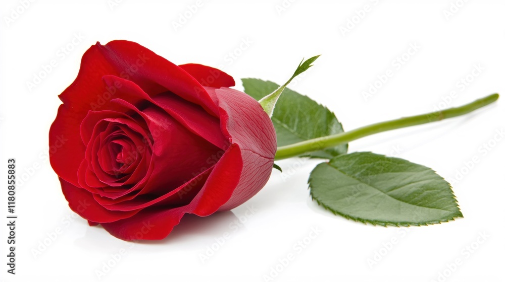 Single Red Rose with Green Leaves on White Background for Romantic Occasions Single Red Rose with Green Leaves on White Background for Romantic Occasions