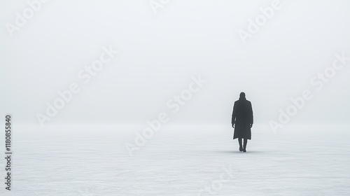 A solitary figure walking across a snowy field, ideal for themes of solitude, winter, or exploration 