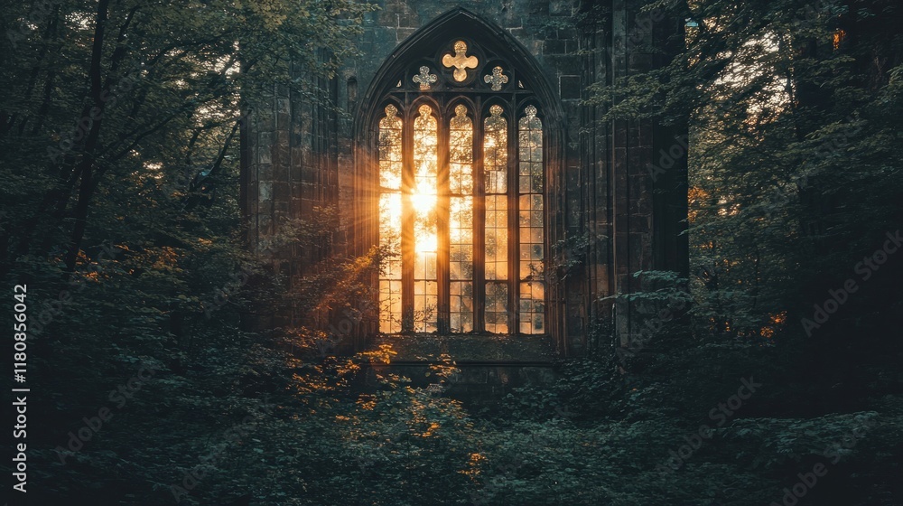 A sunlit gothic window framed by lush greenery, evoking a sense of tranquility and mystery. A sunlit gothic window framed by lush greenery, evoking a sense of tranquility and mystery.