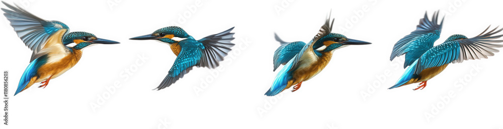 Fototapeta premium series of illustrations of a kingfisher in various flying poses. showcasing its vibrant blue and orange plumage the dynamic positions highlight the bird's agility and beauty. making it an appealing re