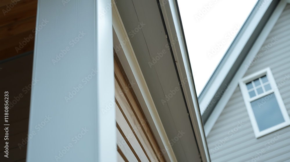 Close-up view of a building's exterior, highlighting a white corner post and gray soffit. Horizontal wood siding is partially visible. A light gray house is partially visible in the background. Close-up view of a building's exterior, highlighting a white corner post and gray soffit. Horizontal wood siding is partially visible. A light gray house is partially visible in the background.