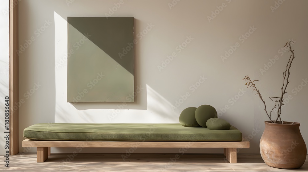 A minimalist daybed with an abstract green painting and natural light in a serene, modern space A minimalist daybed with an abstract green painting and natural light in a serene, modern space