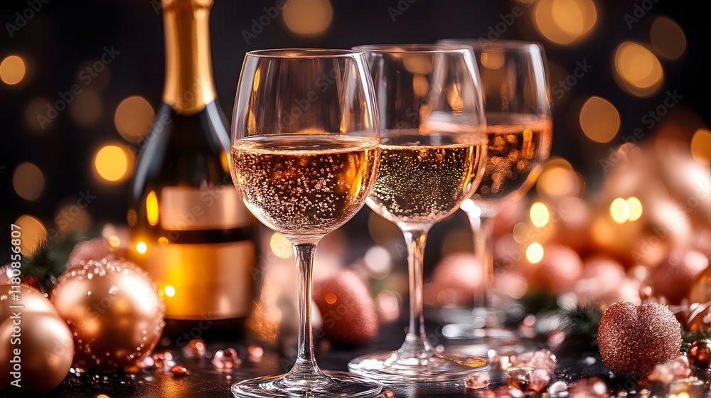 Three glasses of sparkling rose wine with a bottle and festive ornaments. Three glasses of sparkling rose wine with a bottle and festive ornaments.